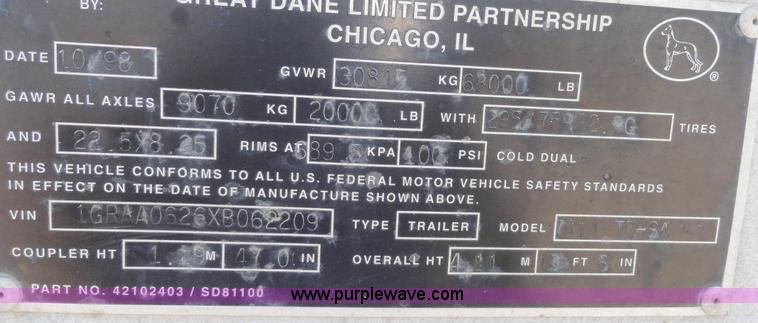 image for item C5051 1999 Great Dane 53' dry van trailer