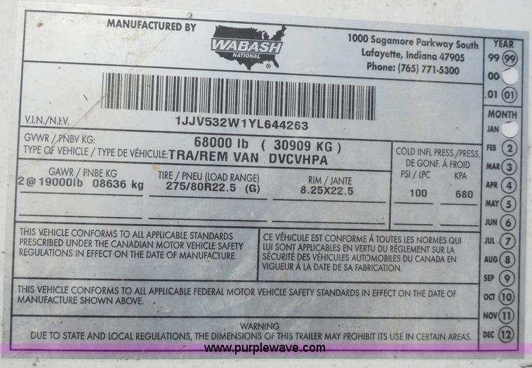 image for item C5055 2000 Wabash 53' dry van trailer