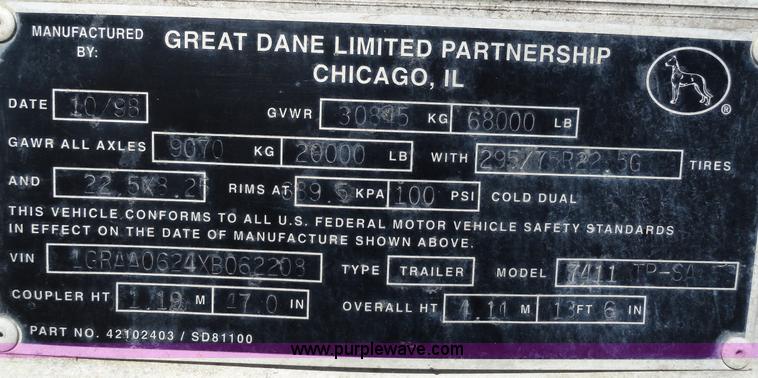 image for item C5056 1999 Great Dane 53' dry van trailer