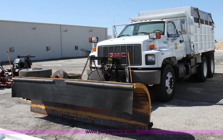 image for item A2914 1996 GMC TopKick tandem axle dump truck with plow and spreader