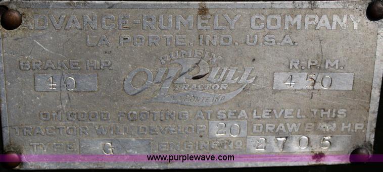 image for item A2382 1923 Advance Rumely oil pull G20/40 tractor