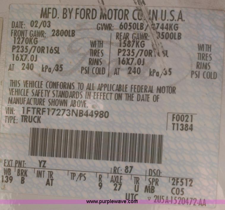 image for item A3185 2003 Ford F150 XL pickup truck