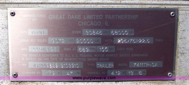 image for item D8548 2000 Great Dane 7411TP-SA 48' box trailer