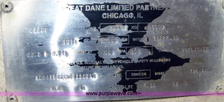 image for item D8549 1998 Great Dane 734TA 48' box trailer