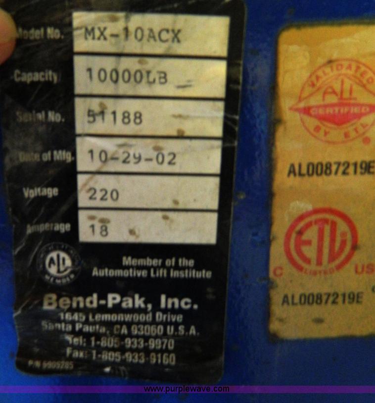 image for item D8599 Bend-Pak MX-10ACX two post automotive lift