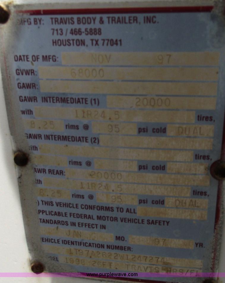 image for item B5050 1998 Travis 26' barrel end dump trailer