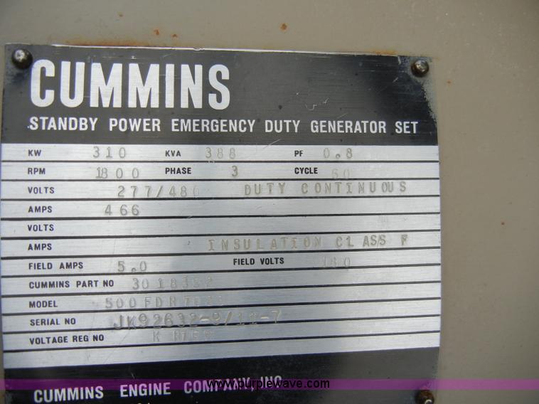 image for item H9143 Cummins Standby power emergency duty generator with skids