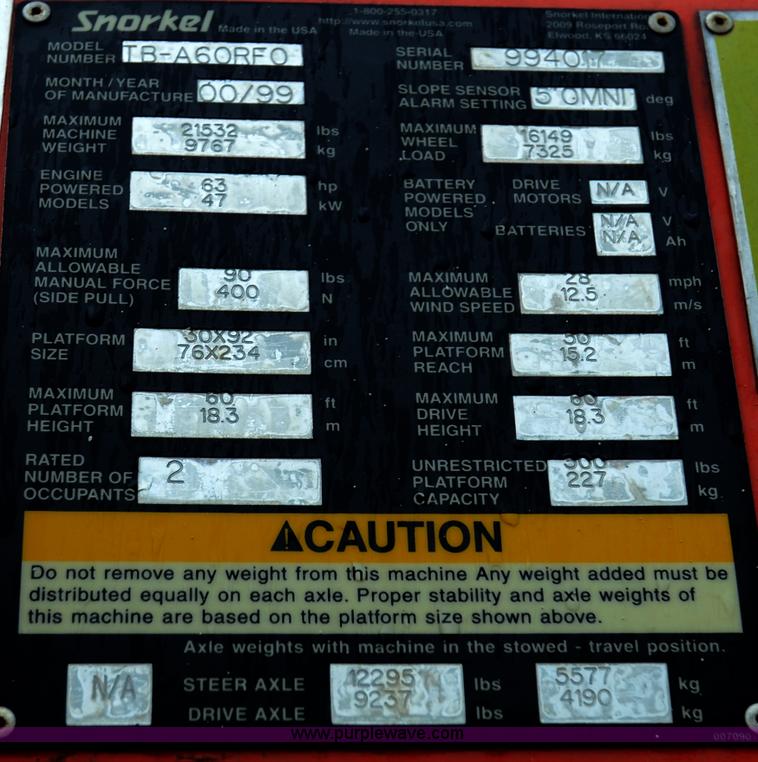 image for item 6064 1999 Snorkel TB-60 boom lift