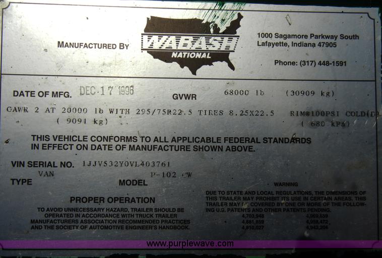 image for item A3371 1996 Wabash P-102CW 53' dry van trailer