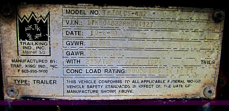 image for item C5086 1993 Trail King 53' step deck trailer