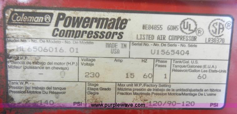 image for item H9201 Coleman Magna Force 60 gallon air compressor