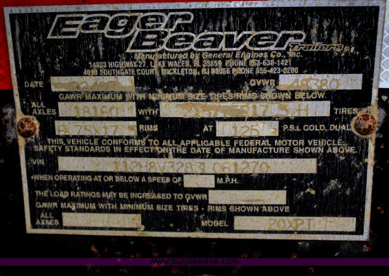 image for item A6600 2003 Eager Beaver 20XPT tandem axle trailer