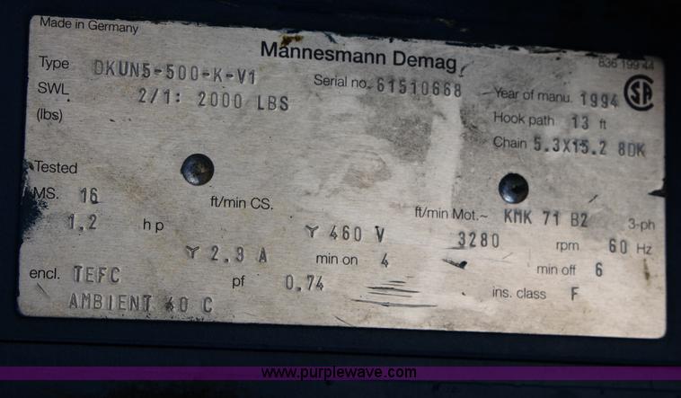 image for item H9506 DEMAG 2,000 lb hoist with trolley