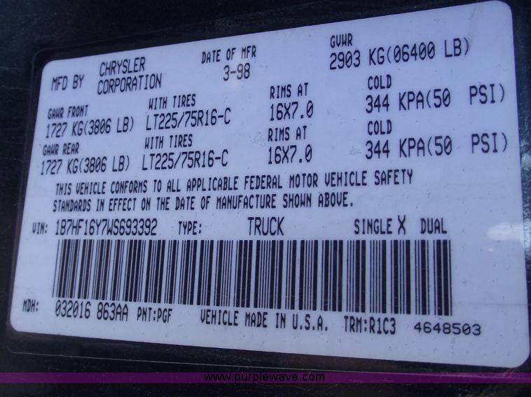 image for item E9541 1998 Dodge 1500 Laramie SLT 4x4 pickup truck