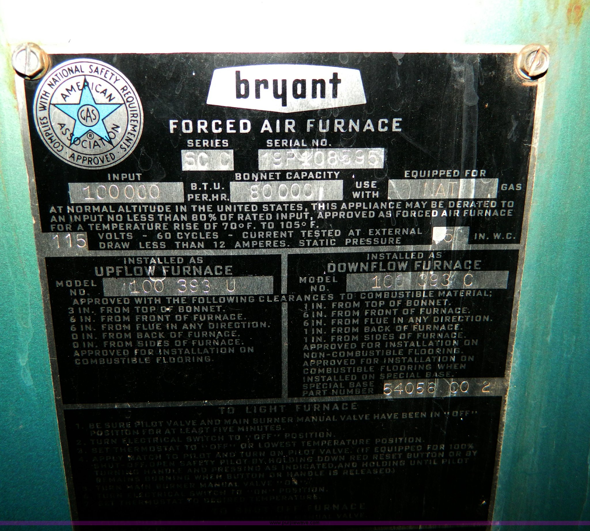 Bryant 100,000 BTU forced air furnace in Luray, KS | Item E9339 sold |  Purple Wave