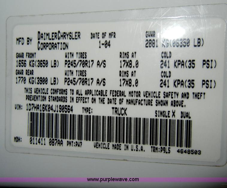 image for item A3451 2004 Dodge Ram 1500 ST pickup truck Non-repairable certificate, parts only