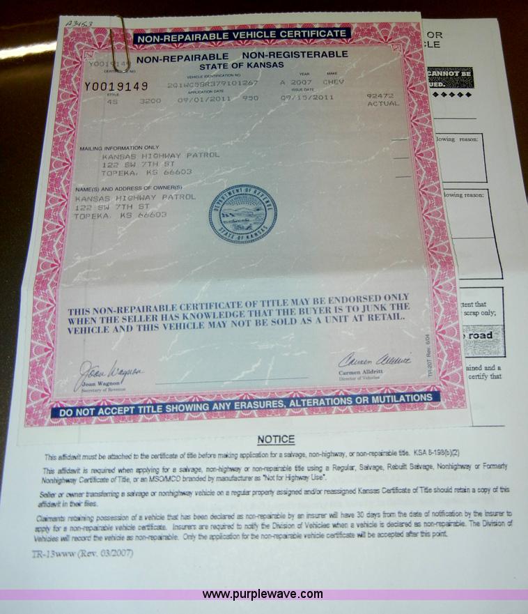 image for item A3453 2007 Chevrolet Impala LT Non-repairable certificate, parts only