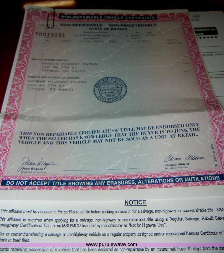 image for item A3454 2003 Ford Ranger Edge SuperCab pickup truck Non-repairable certificate, parts only