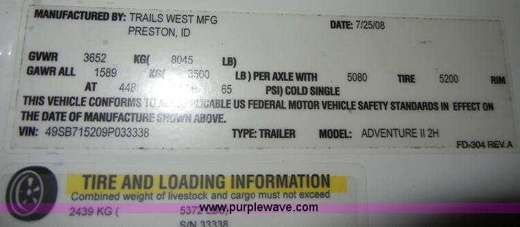 image for item A3456 2009 Trails West Adventure II 12' horse trailer