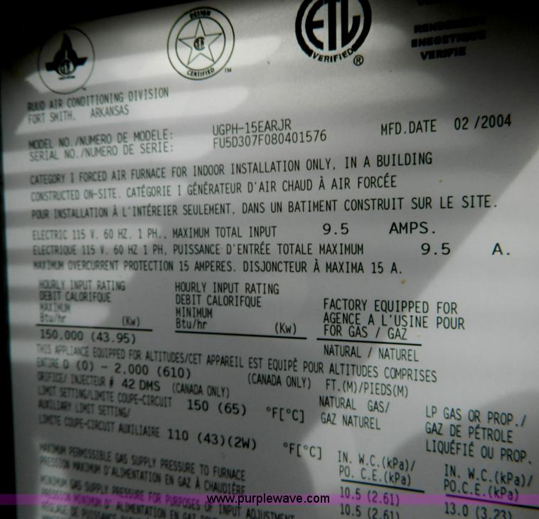 image for item C9483 2004 Ruud 150,000 BTU furnace