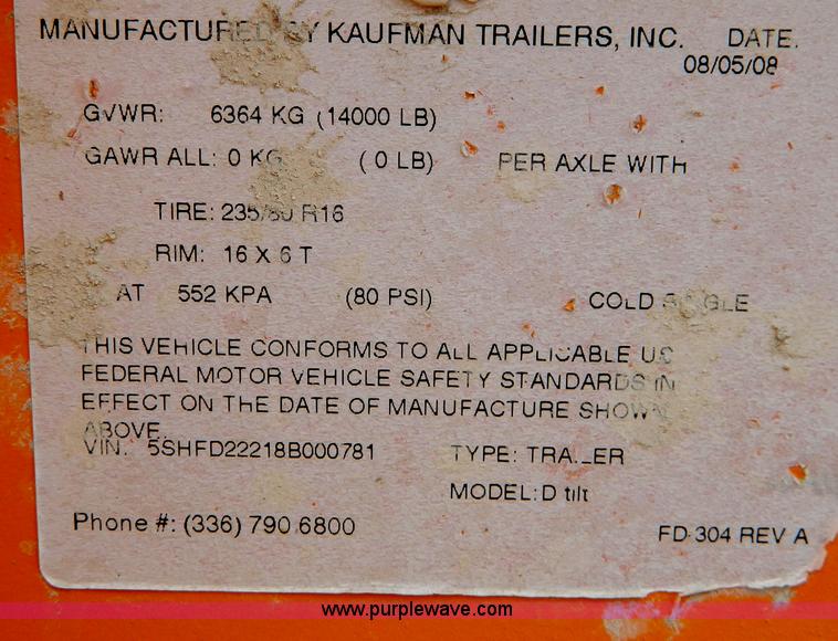 image for item D8710 2008 Kaufman 20' tilt bed trailer