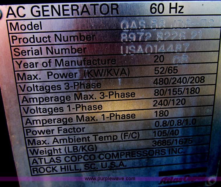 image for item A6674 2005 Atlas Copco generator