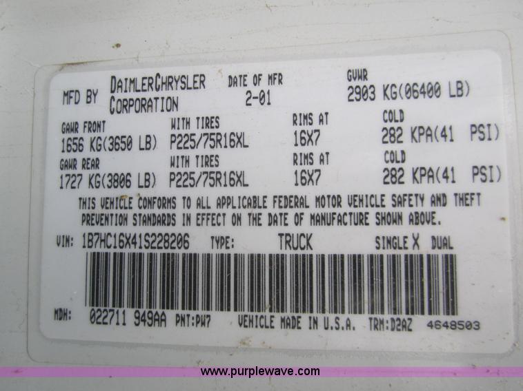 image for item B5646 2001 Dodge Ram 1500 pickup truck