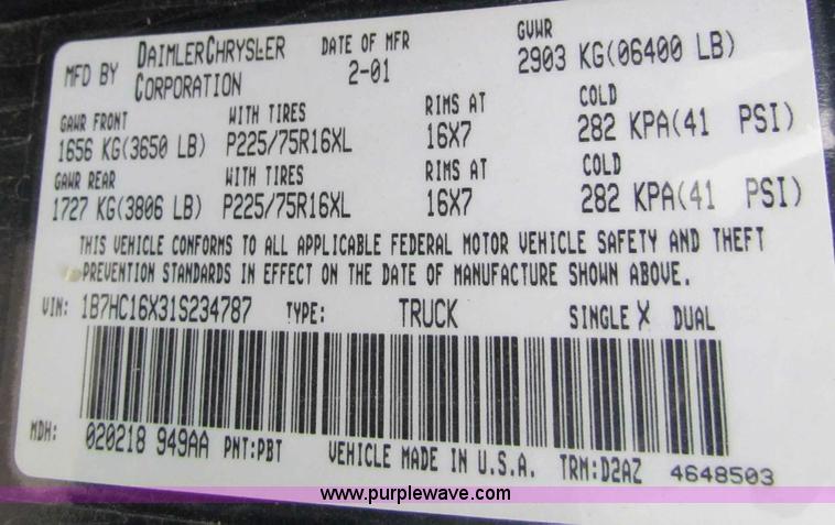 image for item B7097 2001 Dodge Ram 1500 pickup truck