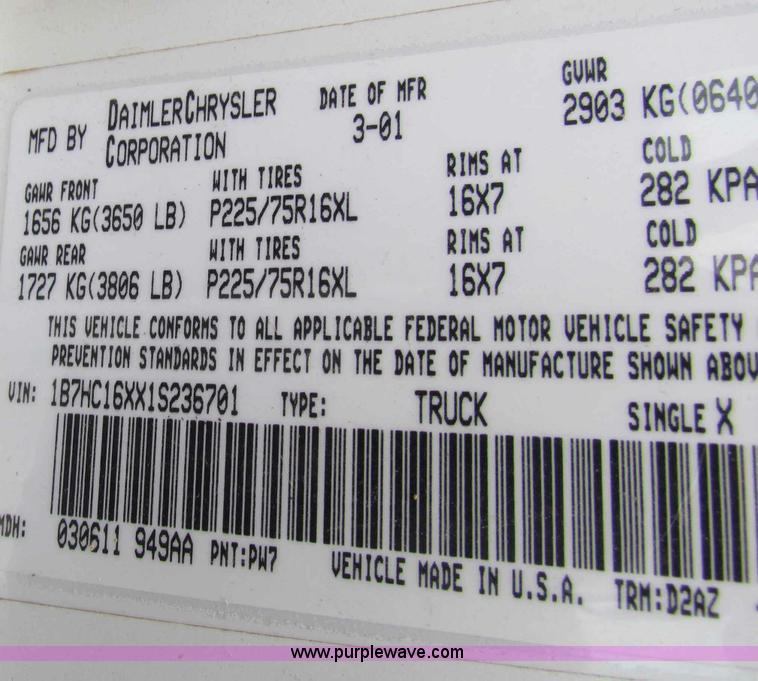 image for item B7098 2001 Dodge Ram 1500 pickup truck