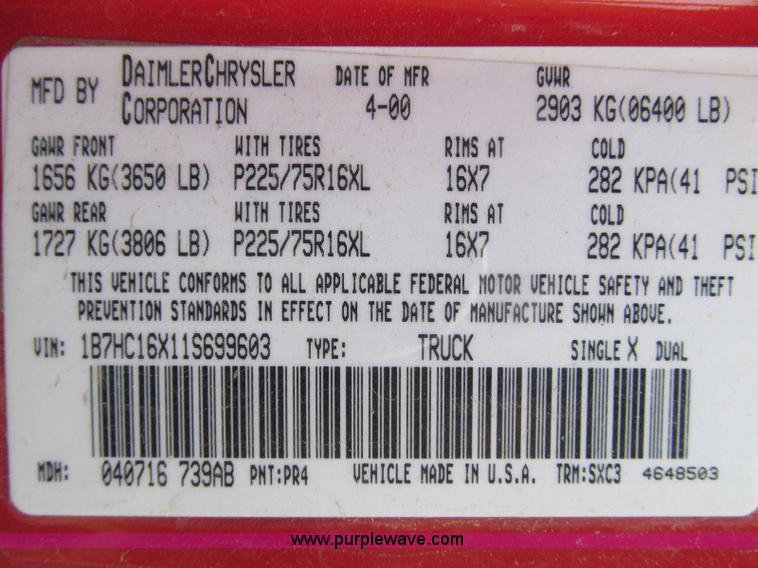 image for item D6531 2001 Dodge Ram 1500 pickup truck