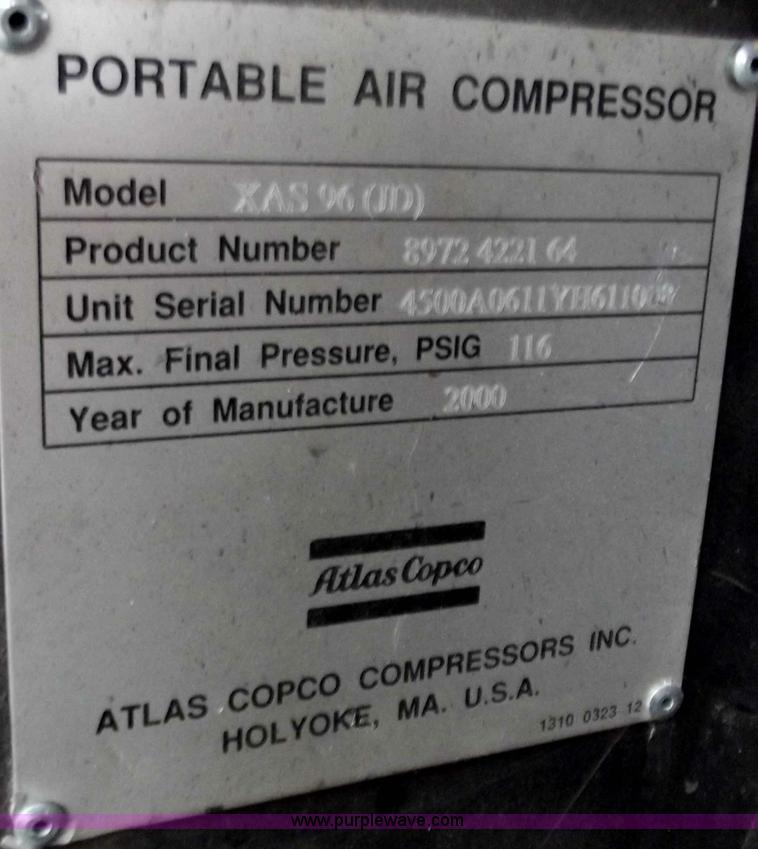 image for item B6244 2000 Atlas Copco XAS96 towable compressor
