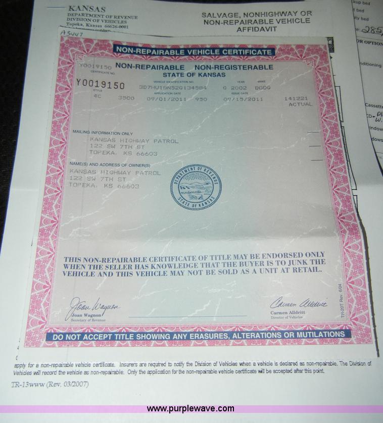 image for item A3447 2002 Dodge Ram 1500 SLT quad cab pickup truck Non-repairable certificate, parts only