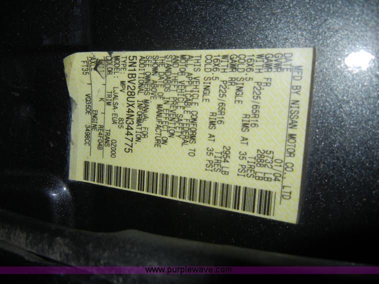 image for item C4085 2004 Nissan Quest mini vanNon-repairable certificate, parts only