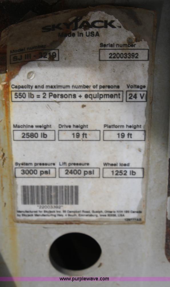 image for item A6819 2007 Skyjack SJIII 3219 scissor lift