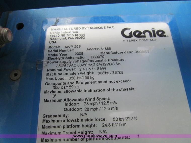 image for item D3118 2008 Genie AWP-25S personnel lift