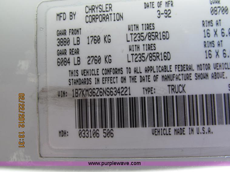 image for item A8192 1992 Dodge Power Ram 350 flatbed truck