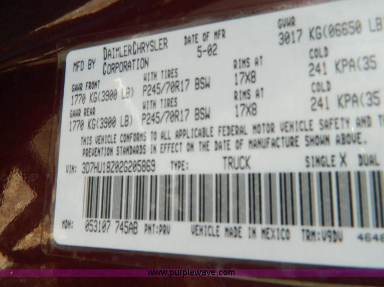 image for item B3572 2002 Dodge Ram 1500 quad cab pickup truck