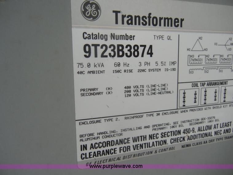 image for item U9985 GE 75 KVA dry type transformer