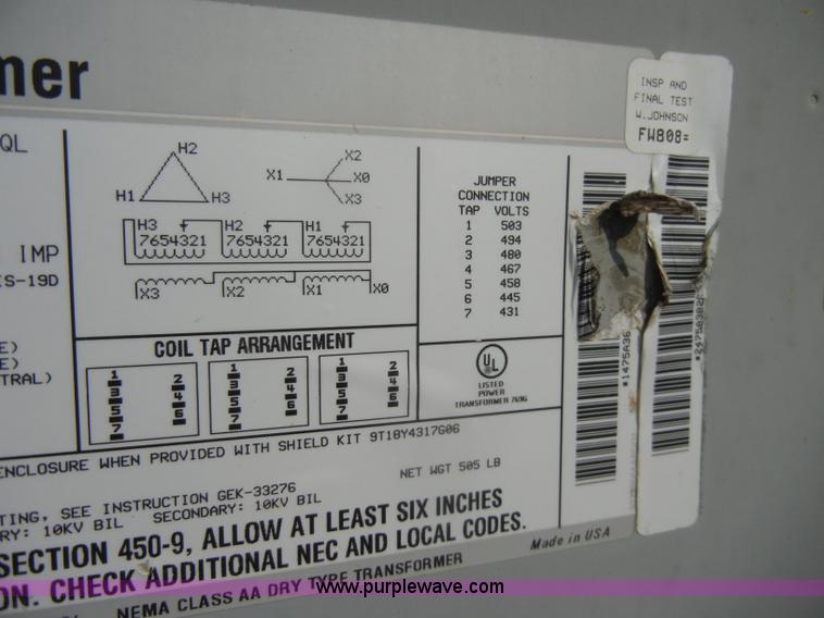 image for item U9985 GE 75 KVA dry type transformer