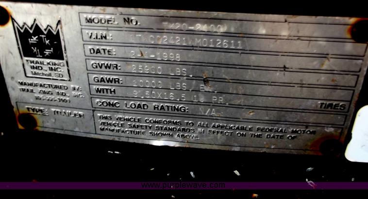 image for item D3777 1998 Trail King TK20-2400 tandem axle equipment trailer