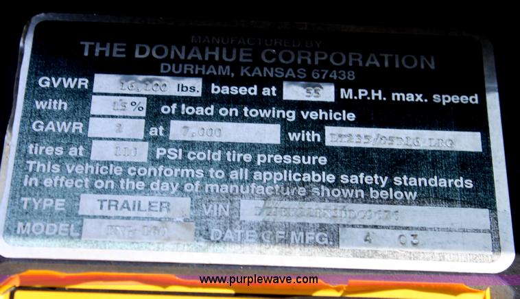 image for item D7574 2003 Donahue EXG160 tandem axle swather trailer