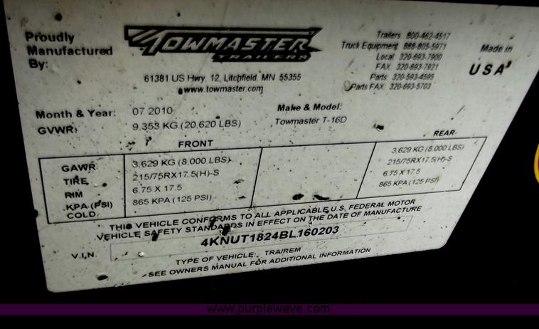 image for item D3877 2011 Towmaster T160 equipment trailer