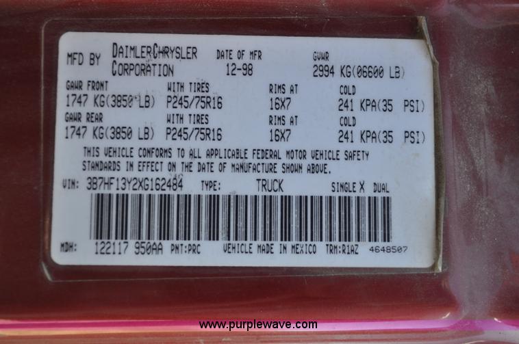 image for item A5888 1999 Dodge Ram 1500 quad cab pickup truck