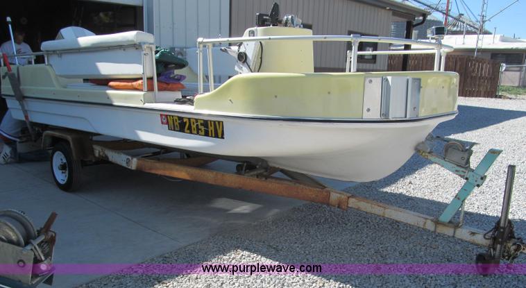 image for item B5131 1972 Anchor Plastics 614DVG 15 1/2' deck boat with Golden Rod trailer