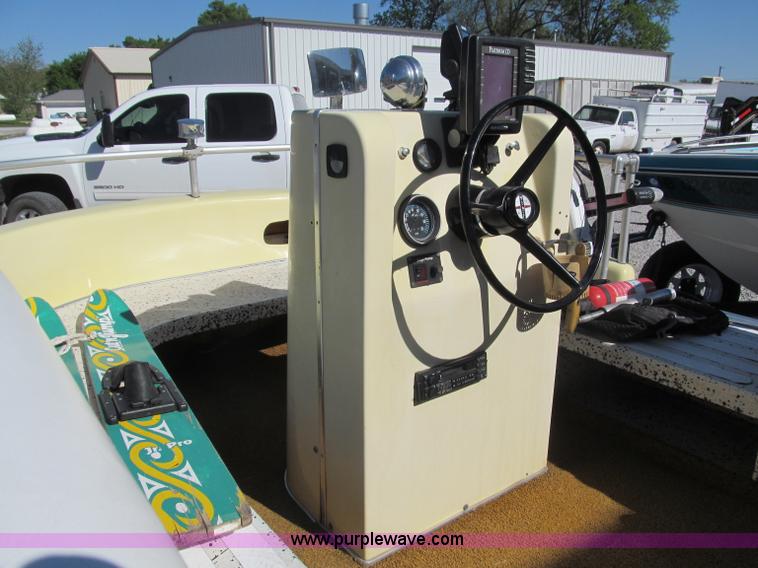 image for item B5131 1972 Anchor Plastics 614DVG 15 1/2' deck boat with Golden Rod trailer