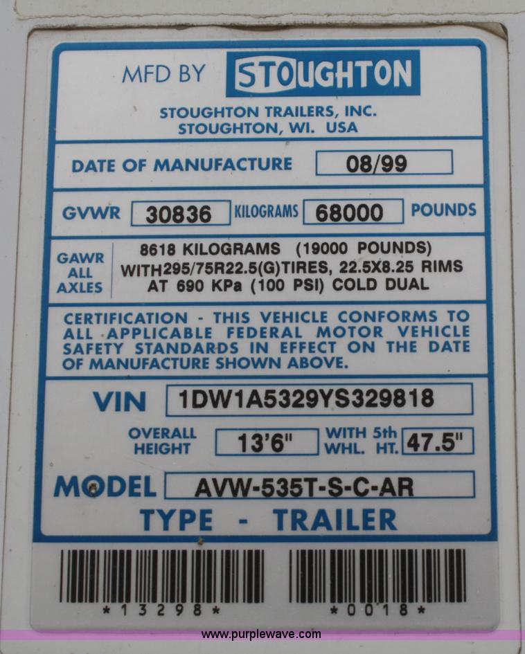 image for item B6533 2000 Stoughton 53' dry van trailer