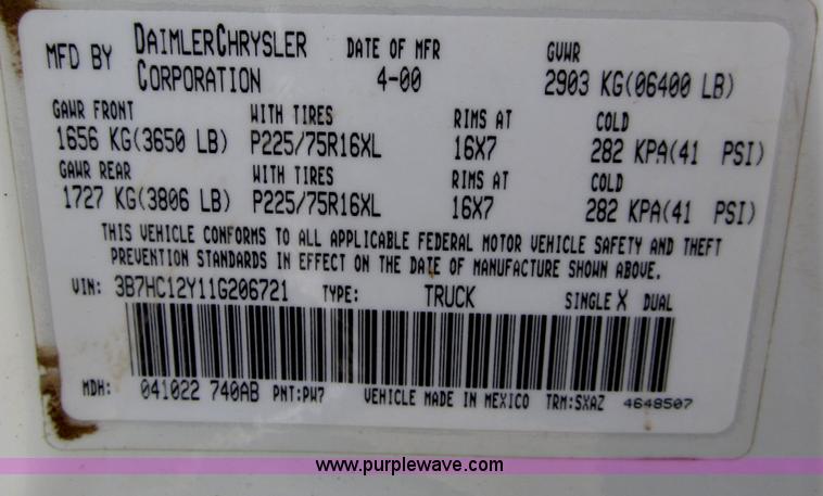 image for item B3192 2001 Dodge Ram 1500 pickup truck