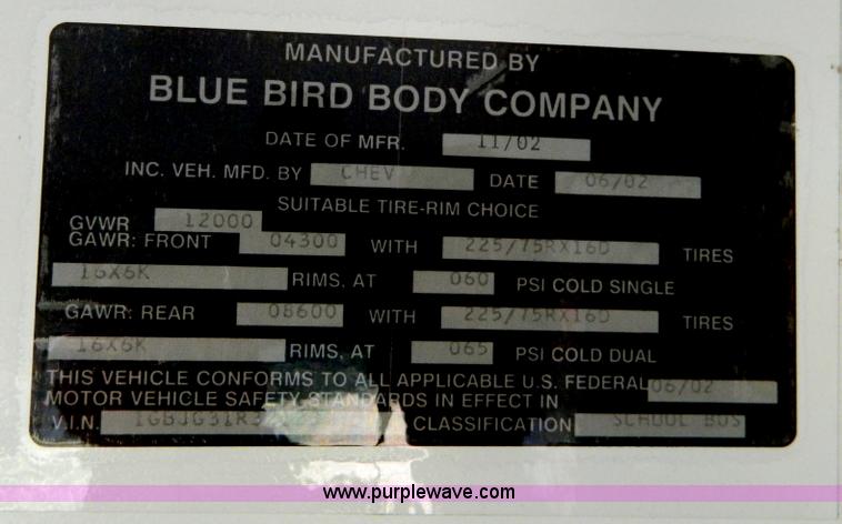 image for item T9893 2002 Chevrolet 3500 Bluebird school bus
