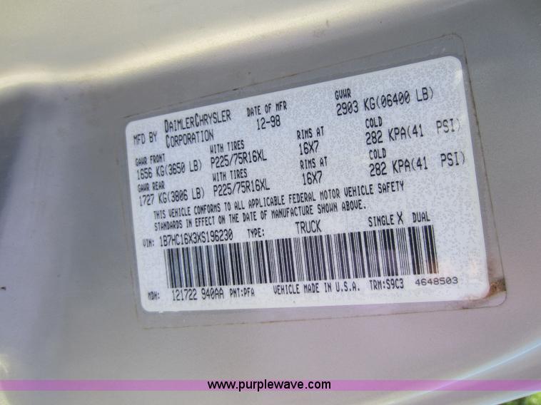 image for item B9113 1999 Dodge Ram 1500 3.9L V6 SFI gas engine