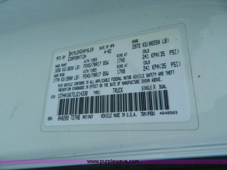 image for item B3752 2002 Dodge Ram 1500 pickup truck